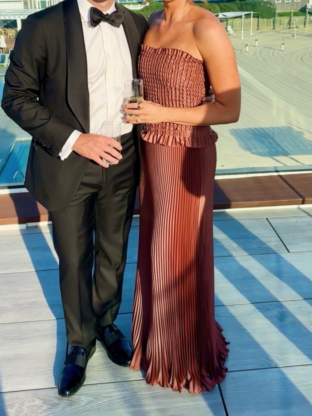 Strapless Smocked Bodice Pleated Maxi Dress - Rust